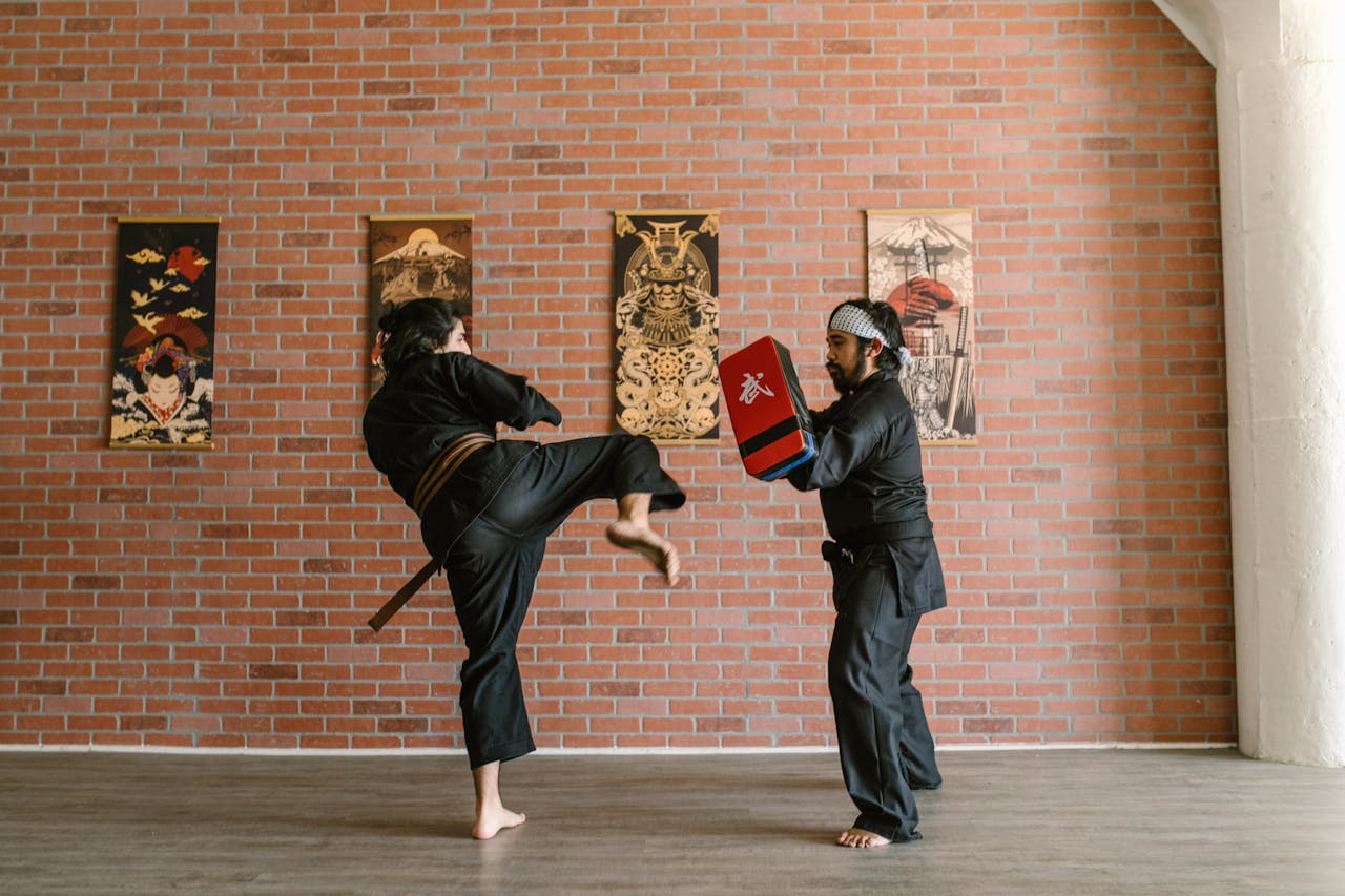 services-03 Two martial artists practicing kicks and defense techniques in a dojo setting.